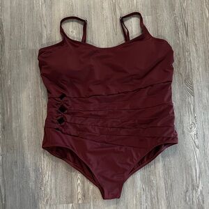 Burgundy One-Piece Swimsuit with Side Cutout Knot Detail